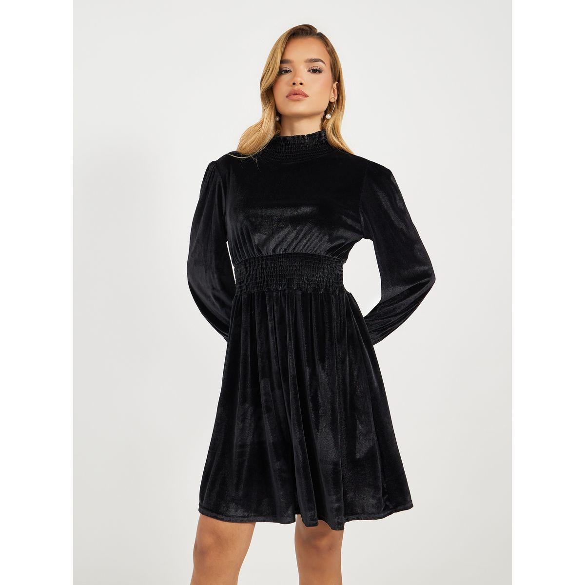 فستان قصير بمظهر مخمل وياقة عالية-women-clothing-dresses-image-5