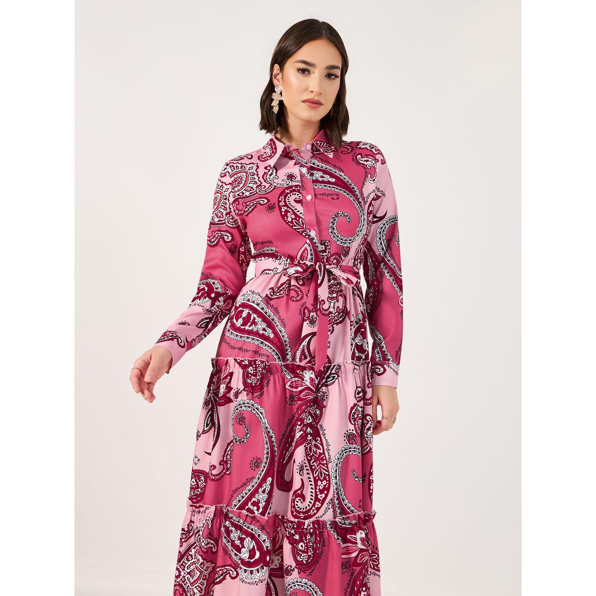 Styli Paisley Print Collared Tiered Midi Dress-women-clothing-dresses-image-2