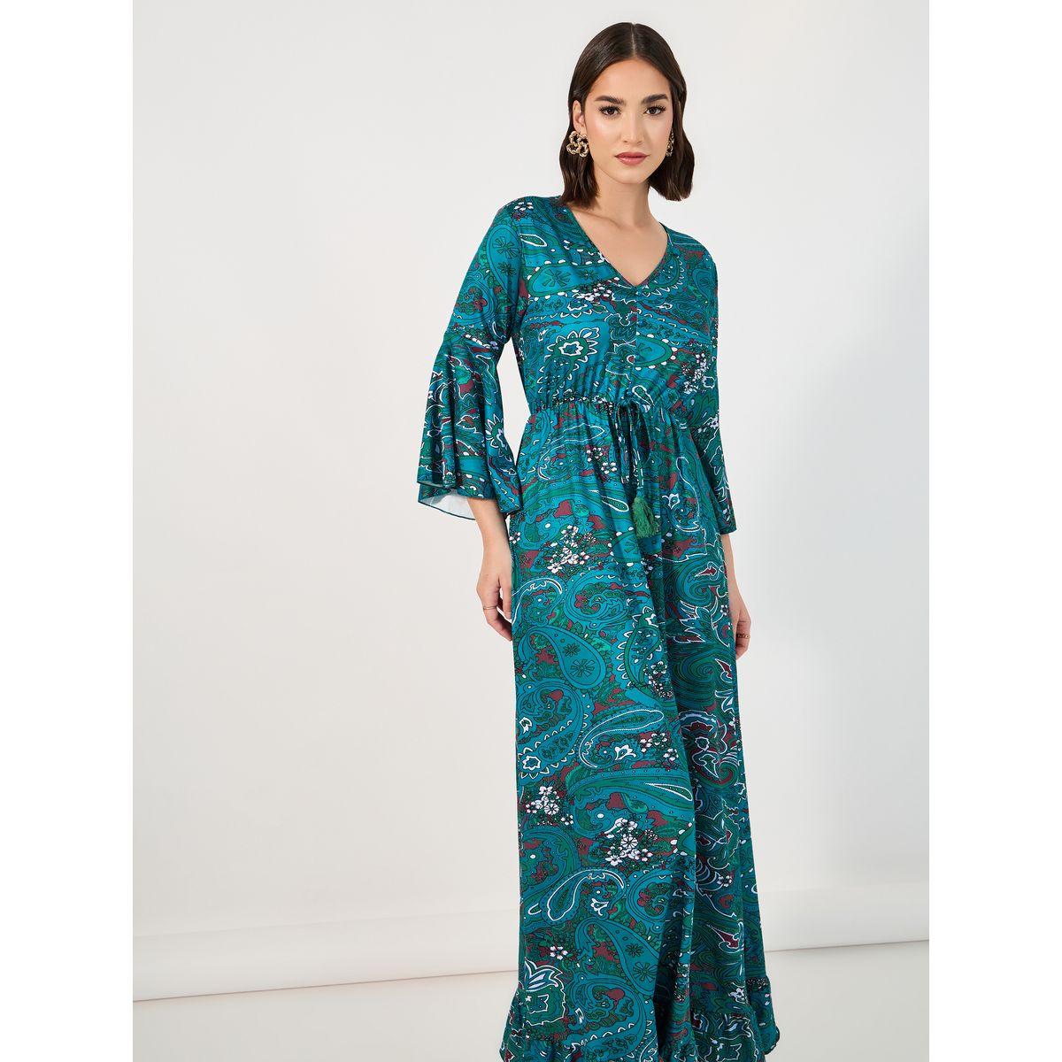 فستان طويل بطبعة بيزلي وأكمام بنمط جرس-women-clothing-dresses-image-2