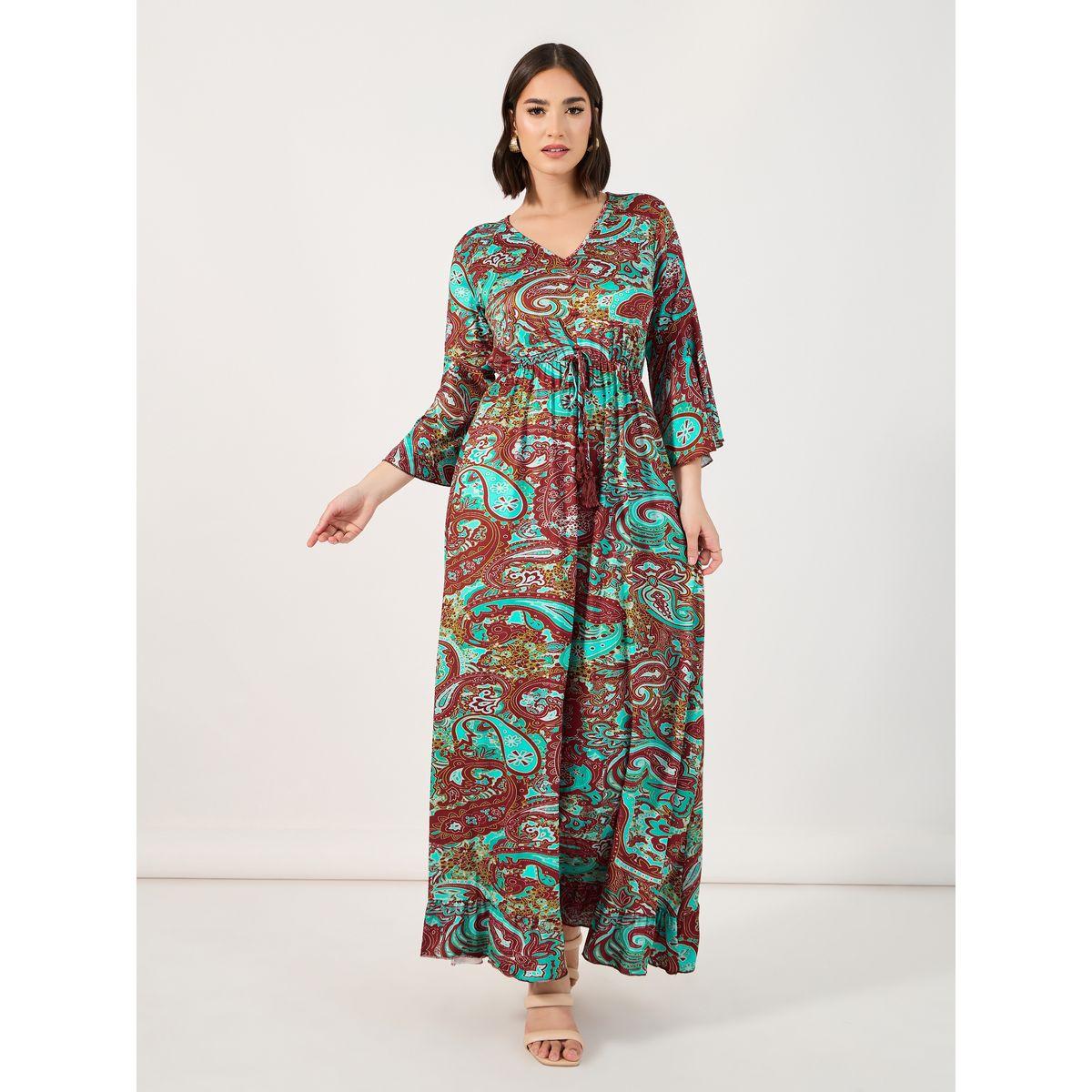 فستان طويل بطبعة بيزلي وأكمام بنمط جرس-women-clothing-dresses-image-3