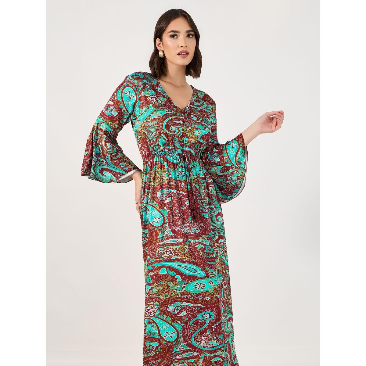 فستان طويل بطبعة بيزلي وأكمام بنمط جرس-women-clothing-dresses-image-4