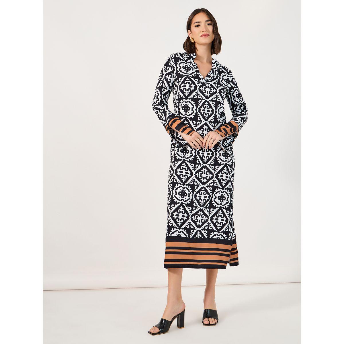 فستان ميدي مطبع بالكامل مع ياقة بشق-women-clothing-dresses-image-3