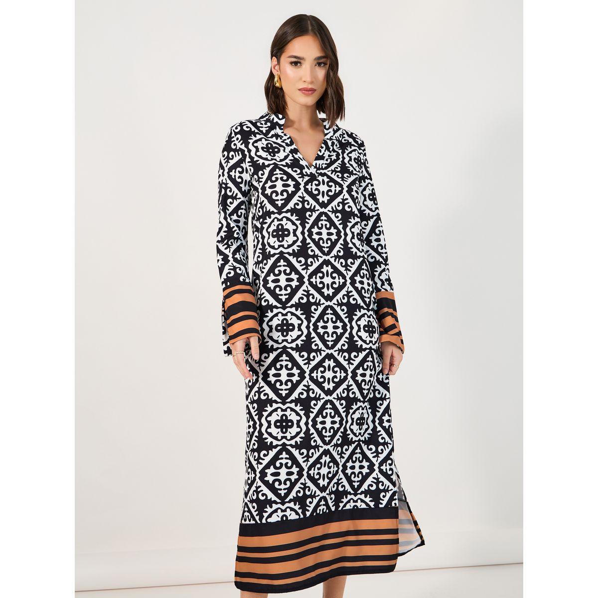 Styli All Over Print Notch Neck Shift Midi Dress-women-clothing-dresses-image-4