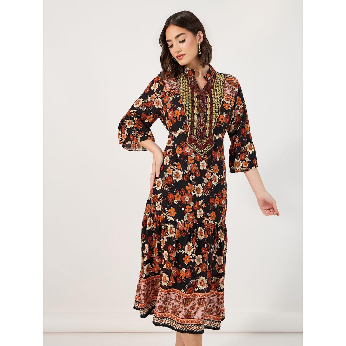 Styli Embroidered Yoke Notch Neck A-Line Midi Dress-women-clothing-dresses-image-2