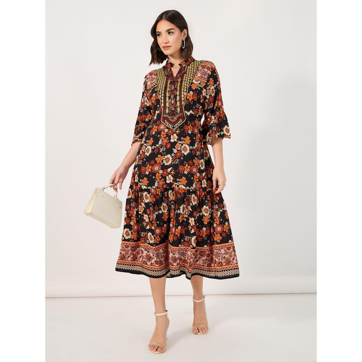 Styli Embroidered Yoke Notch Neck A-Line Midi Dress-women-clothing-dresses-image-3