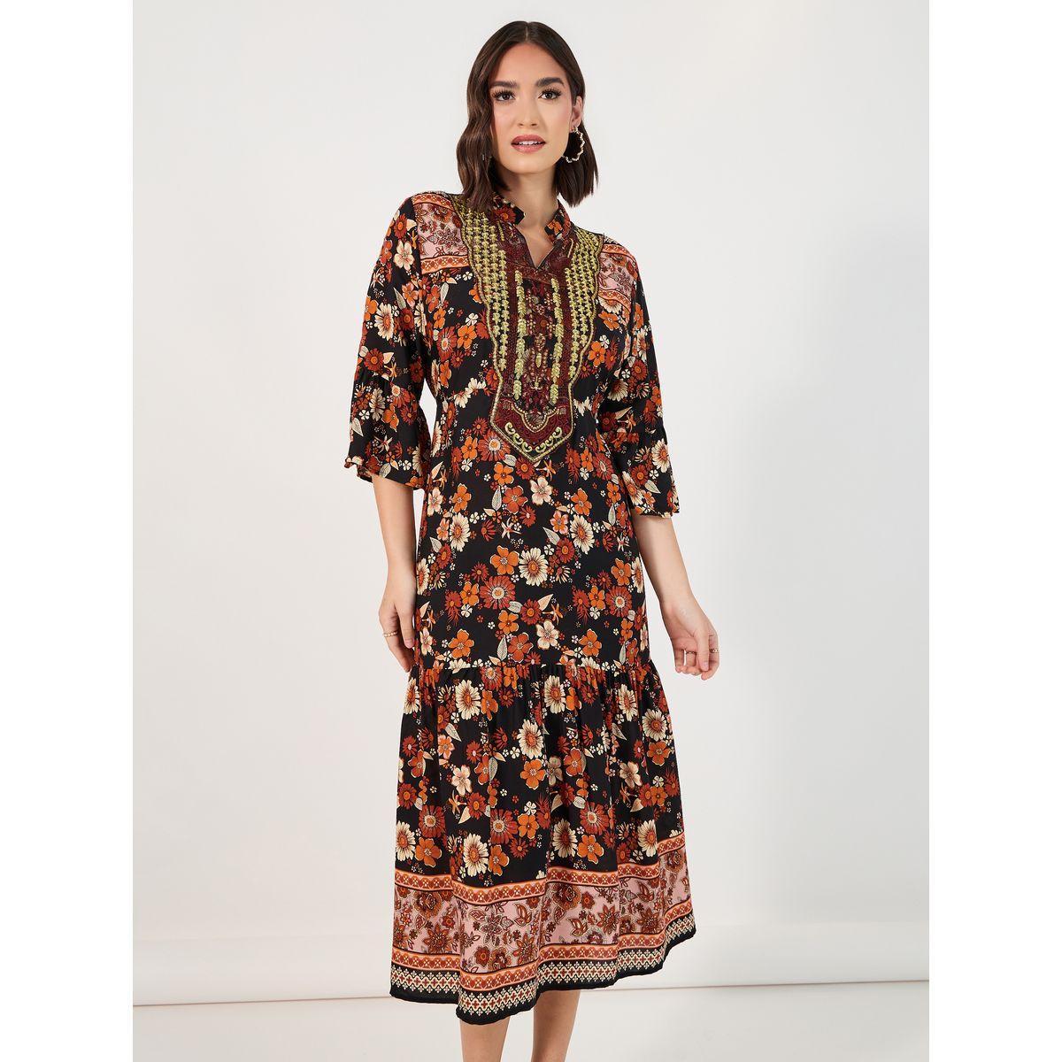 Styli Embroidered Yoke Notch Neck A-Line Midi Dress-women-clothing-dresses-image-4