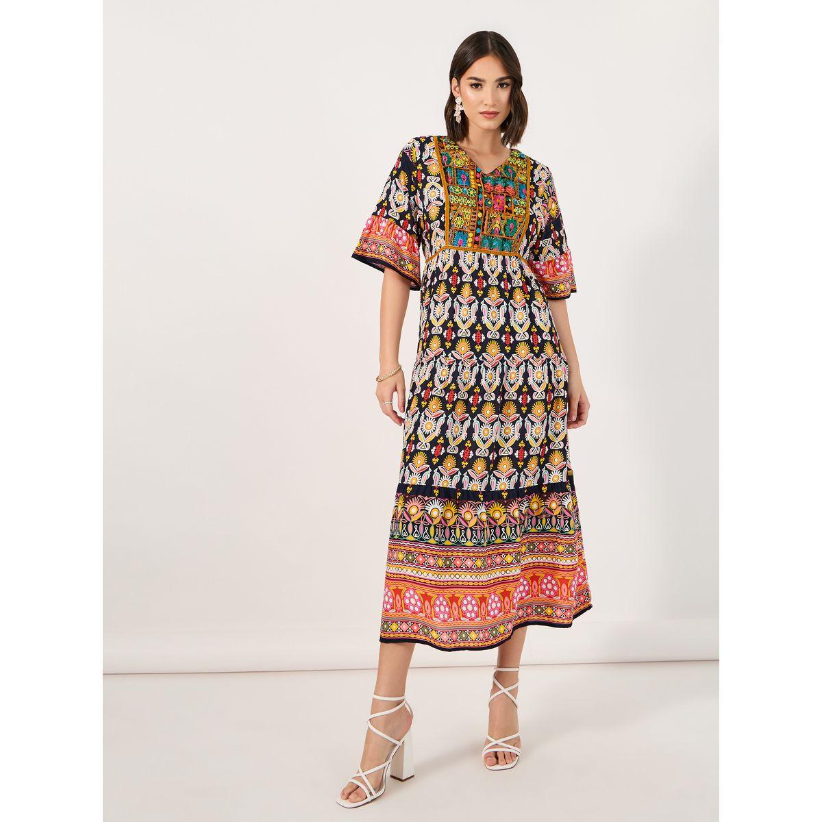 Styli Bohemian Print V Neck A-Line Midi Dress-women-clothing-dresses-image-1