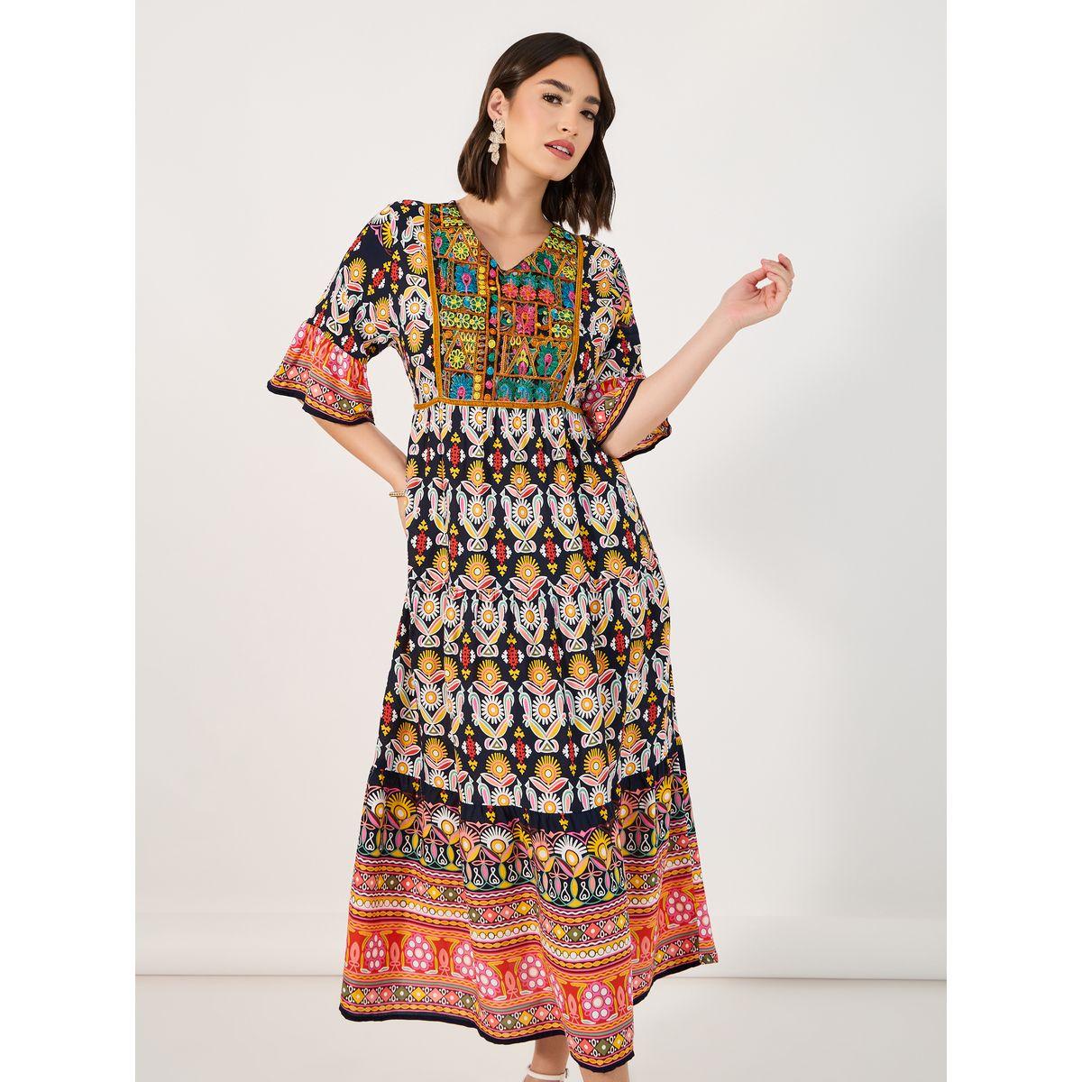 فستان ميدي بطبعة بوهيمية وحافة واسعة-women-clothing-dresses-image-2