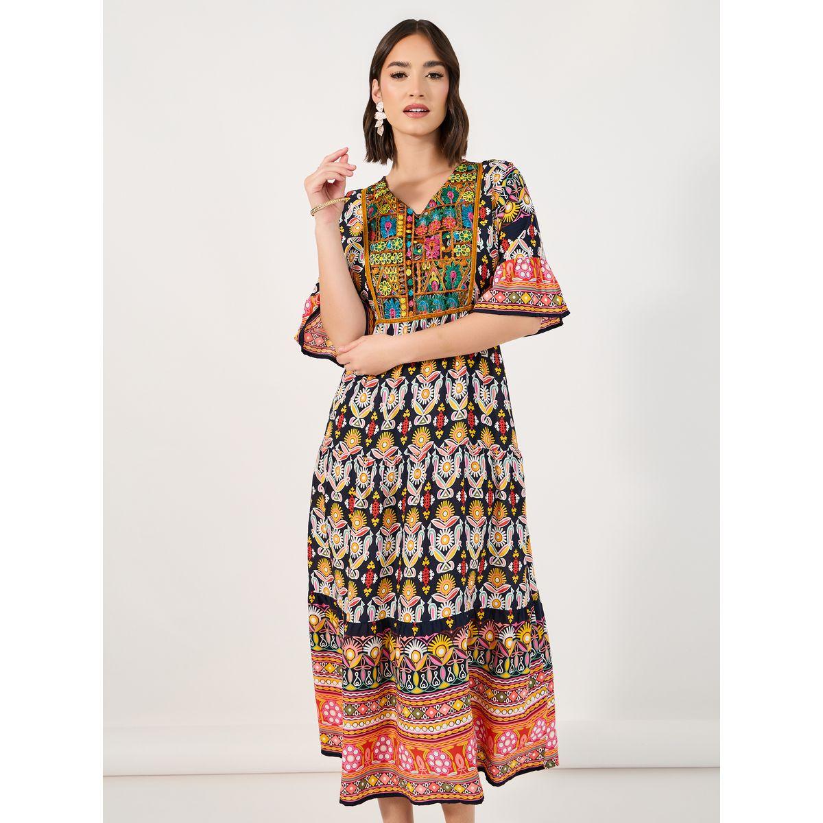 فستان ميدي بطبعة بوهيمية وحافة واسعة-women-clothing-dresses-image-4