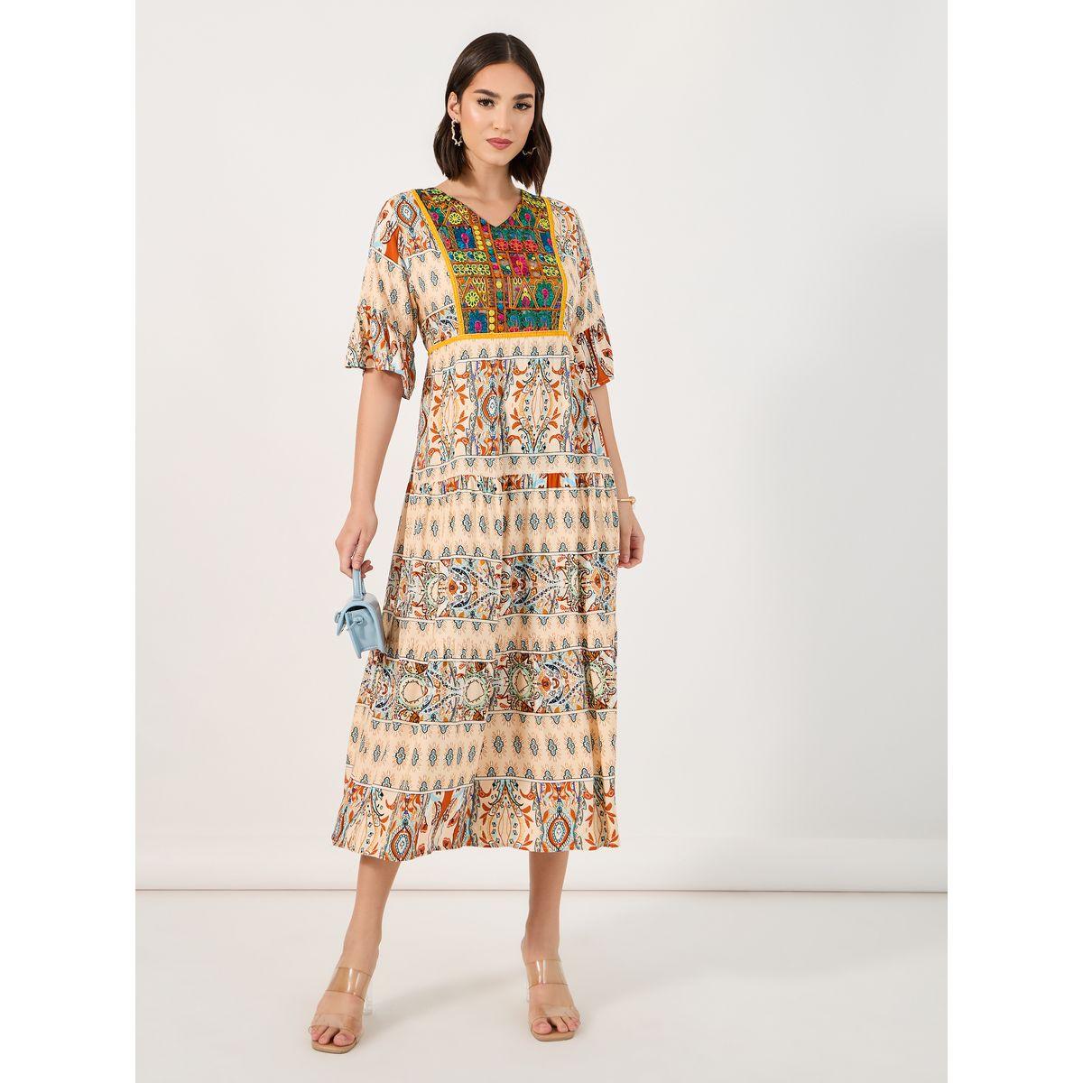 فستان ميدي بطبعة بوهيمية وحافة واسعة-women-clothing-dresses-image-1
