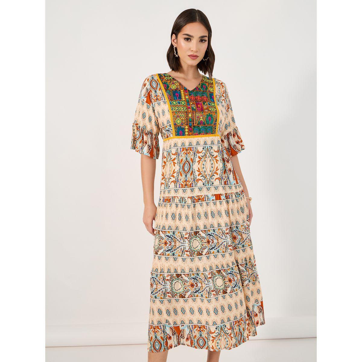 Styli Bohemian Print V Neck A-Line Midi Dress-women-clothing-dresses-image-2