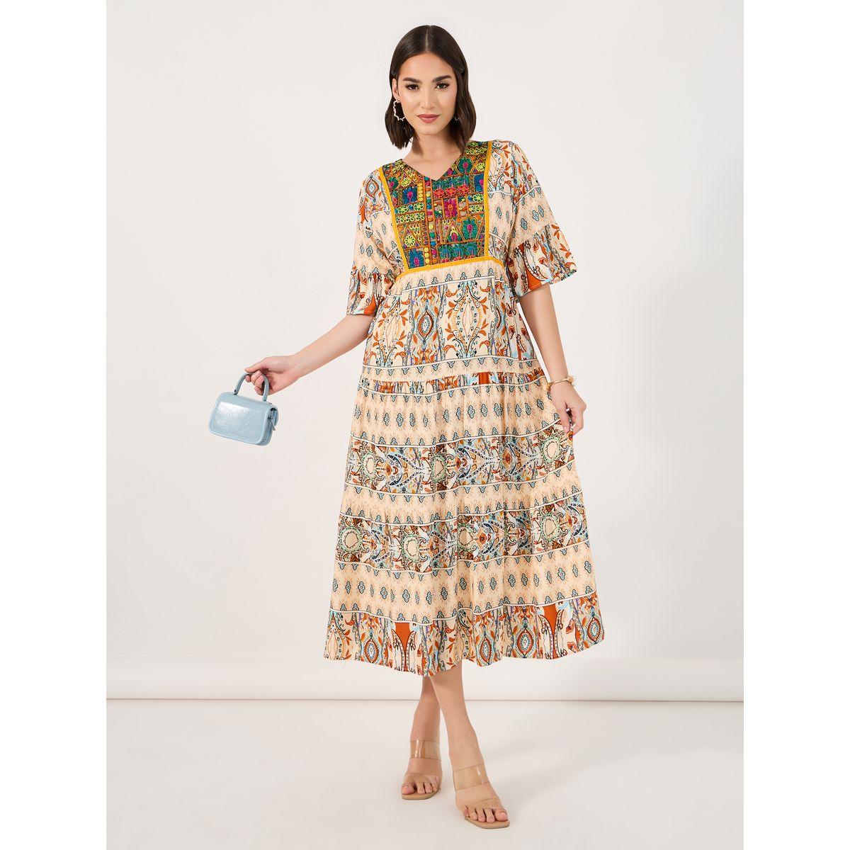 Styli Bohemian Print V Neck A-Line Midi Dress-women-clothing-dresses-image-3