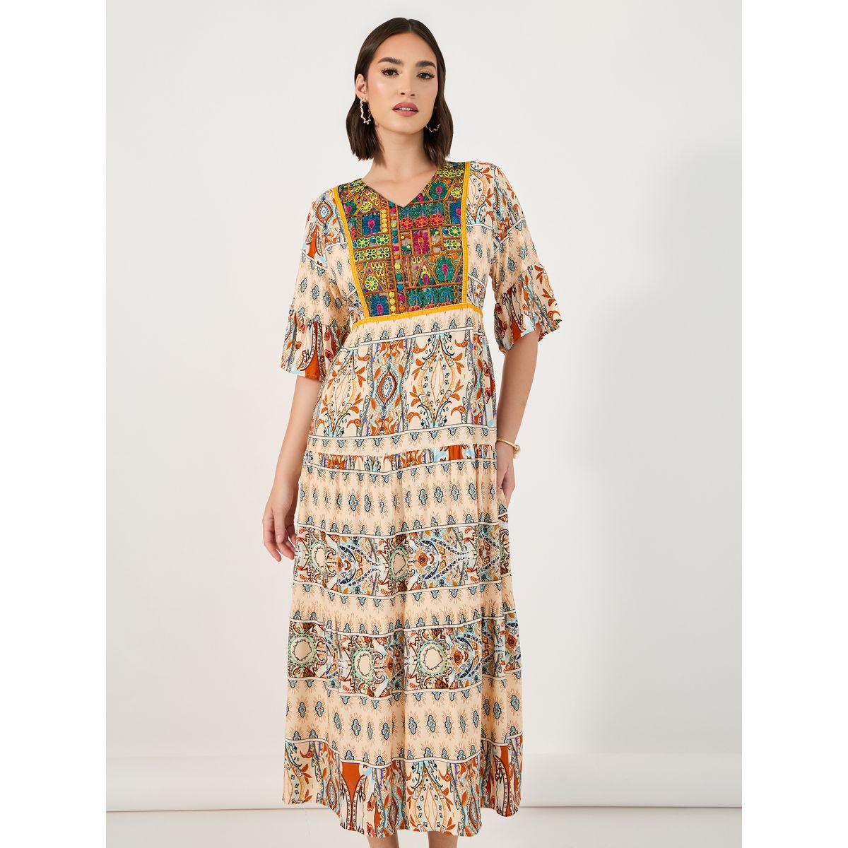 فستان ميدي بطبعة بوهيمية وحافة واسعة-women-clothing-dresses-image-4