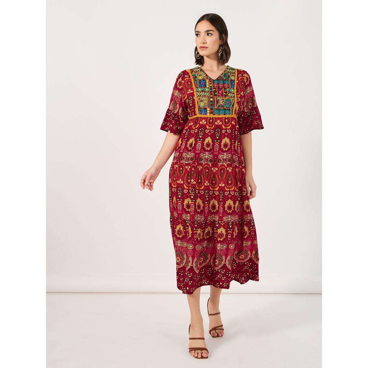Styli Bohemian Print V Neck A-Line Midi Dress-women-clothing-dresses-image-1