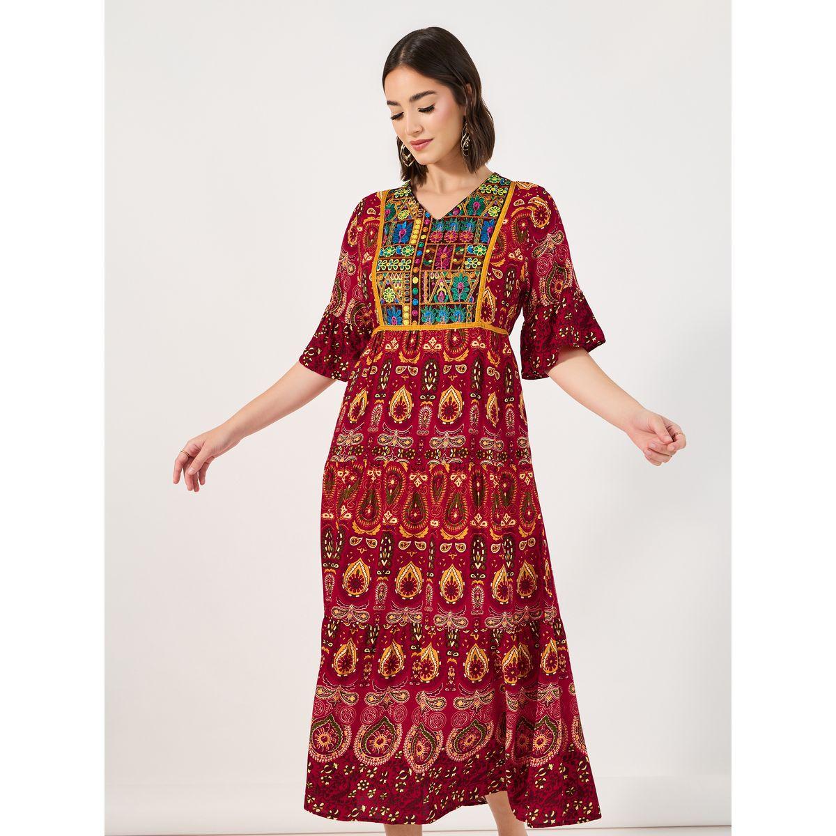 Styli Bohemian Print V Neck A-Line Midi Dress-women-clothing-dresses-image-2