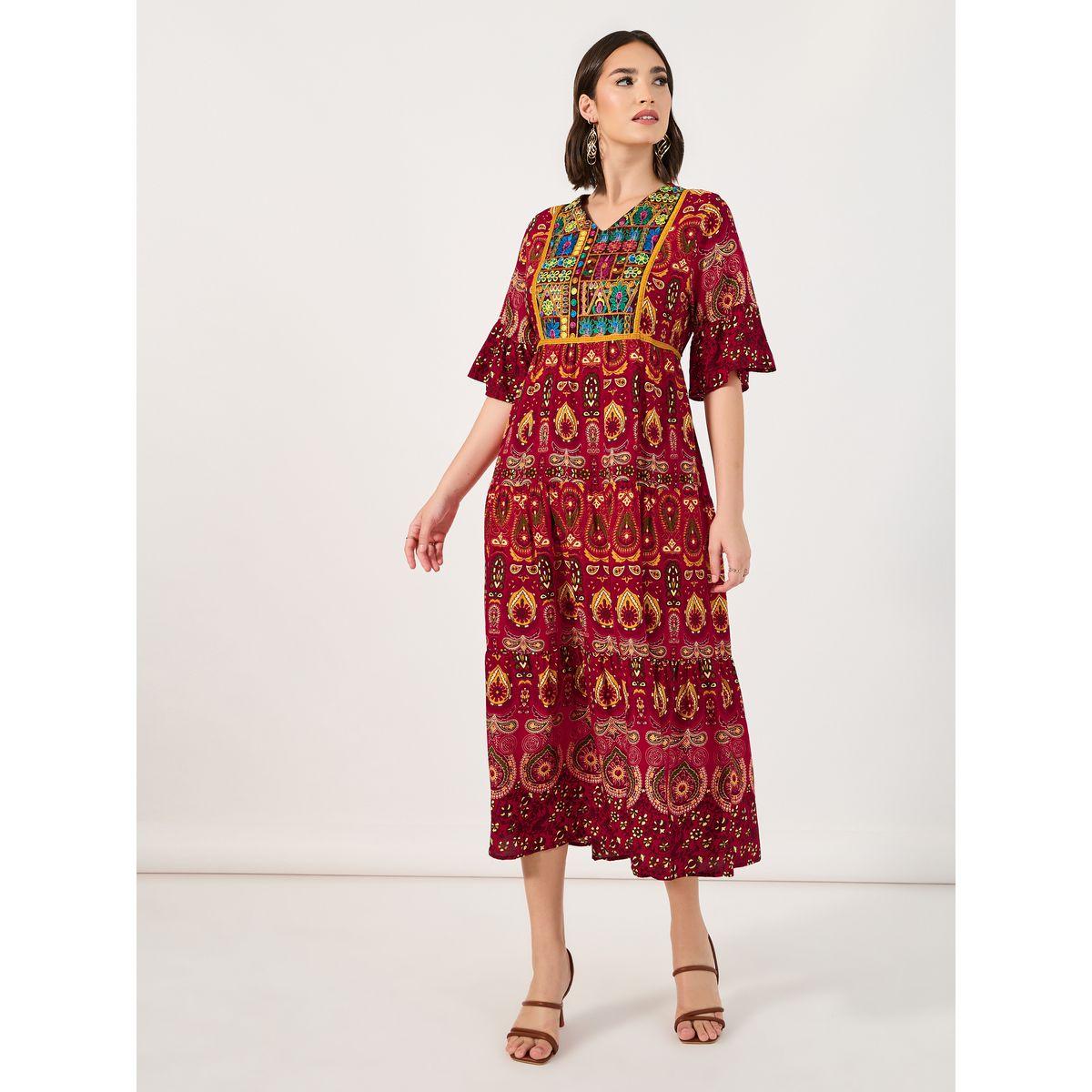 Styli Bohemian Print V Neck A-Line Midi Dress-women-clothing-dresses-image-3