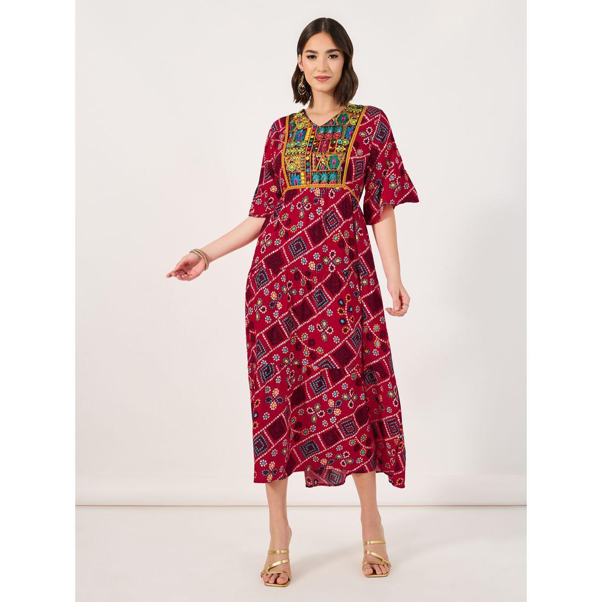 Styli Bohemian Print V Neck A-Line Midi Dress-women-clothing-dresses-image-1