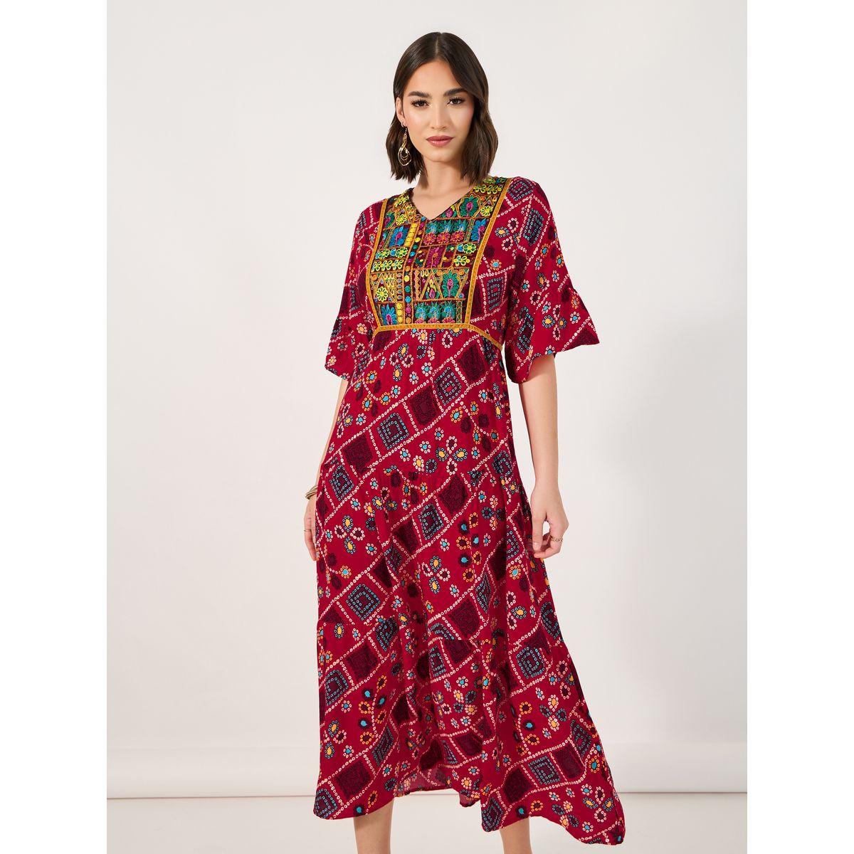 فستان ميدي بطبعة بوهيمية وحافة واسعة-women-clothing-dresses-image-2