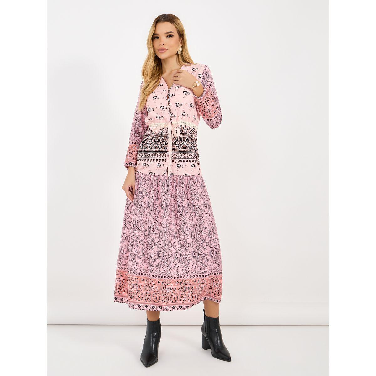 فستان ميدي بطبعة زهور بيزلي وحافة واسعة-women-clothing-dresses-image-1