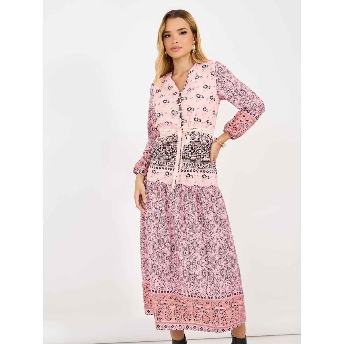 فستان ميدي بطبعة زهور بيزلي وحافة واسعة-women-clothing-dresses-image-2