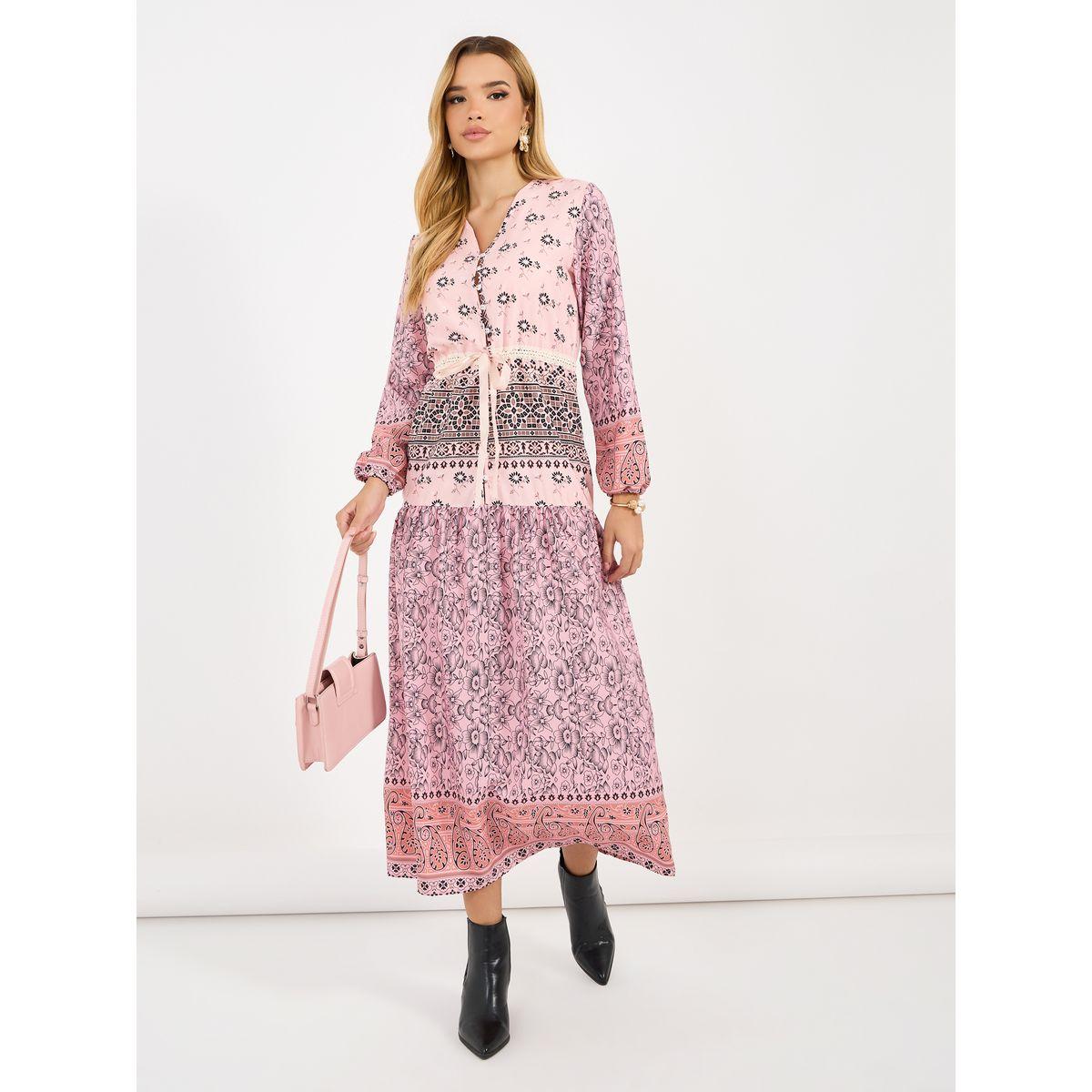 فستان ميدي بطبعة زهور بيزلي وحافة واسعة-women-clothing-dresses-image-3