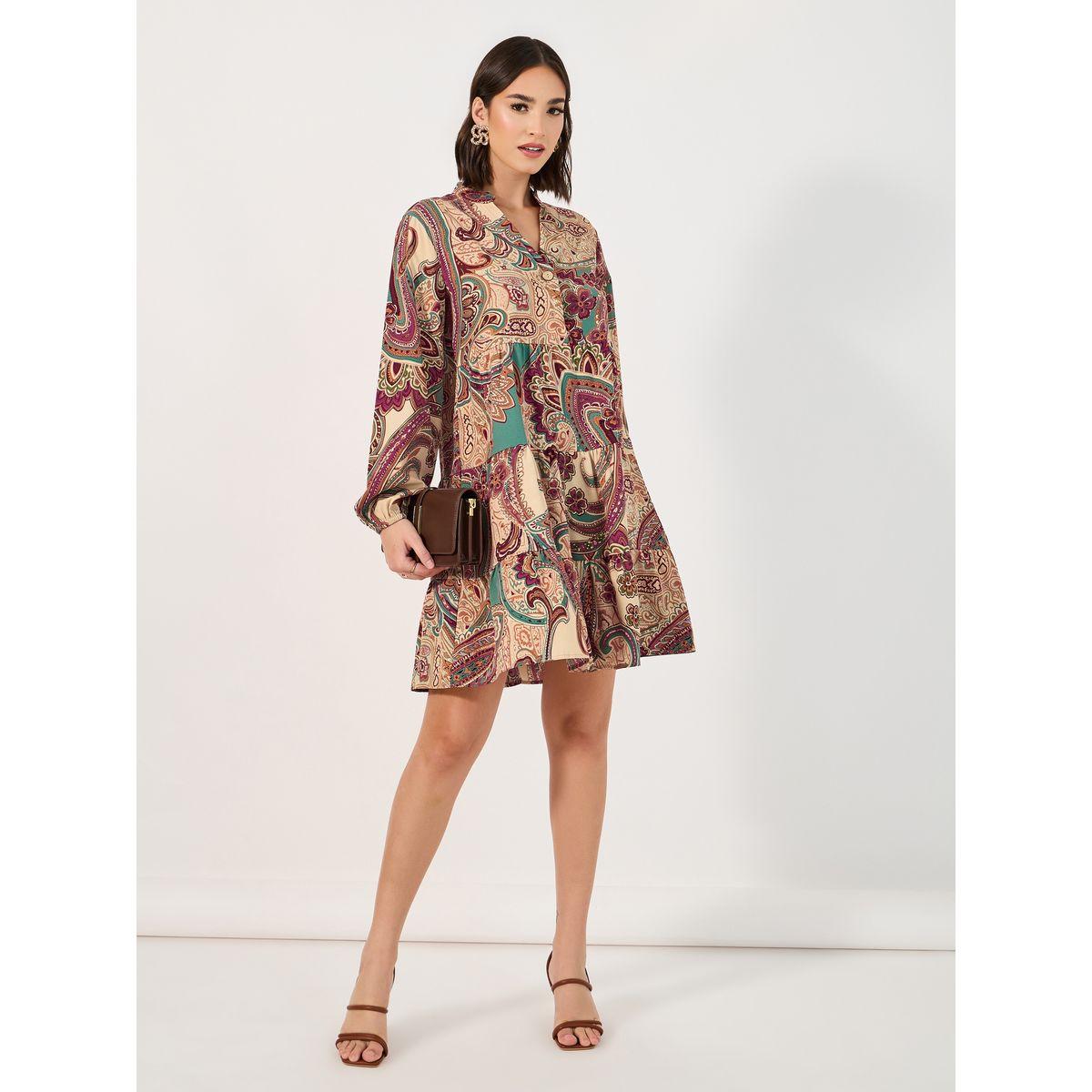 فستان قصير بطبعة بوهيمية وأكمام طويلة-women-clothing-dresses-image-1