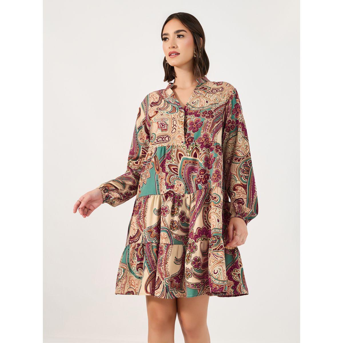فستان قصير بطبعة بوهيمية وأكمام طويلة-women-clothing-dresses-image-2