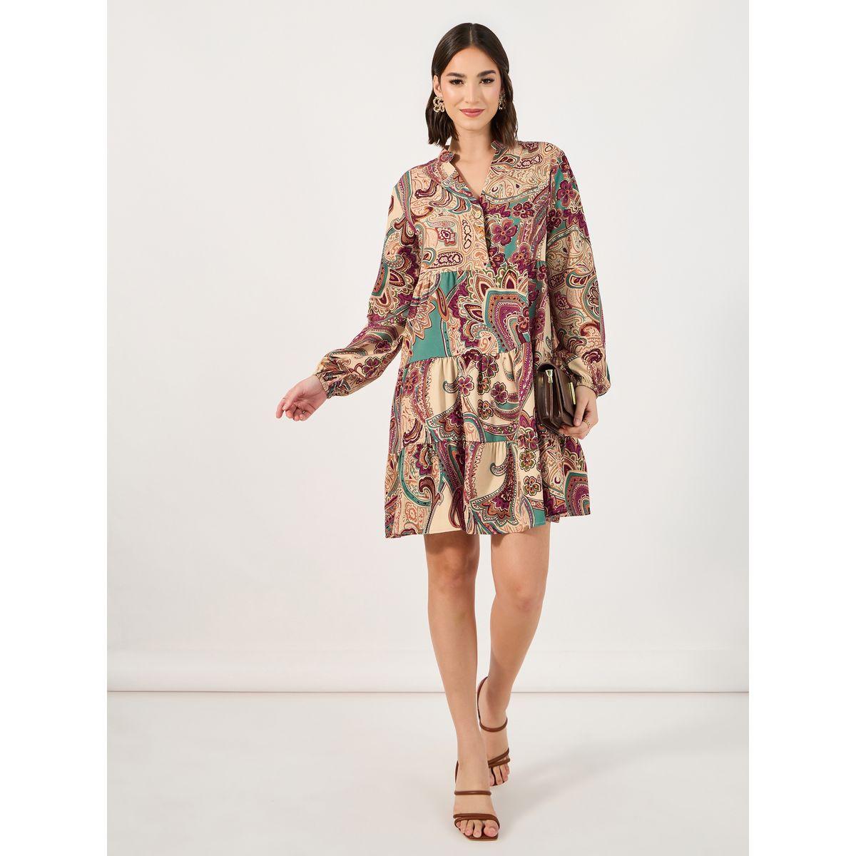 فستان قصير بطبعة بوهيمية وأكمام طويلة-women-clothing-dresses-image-3