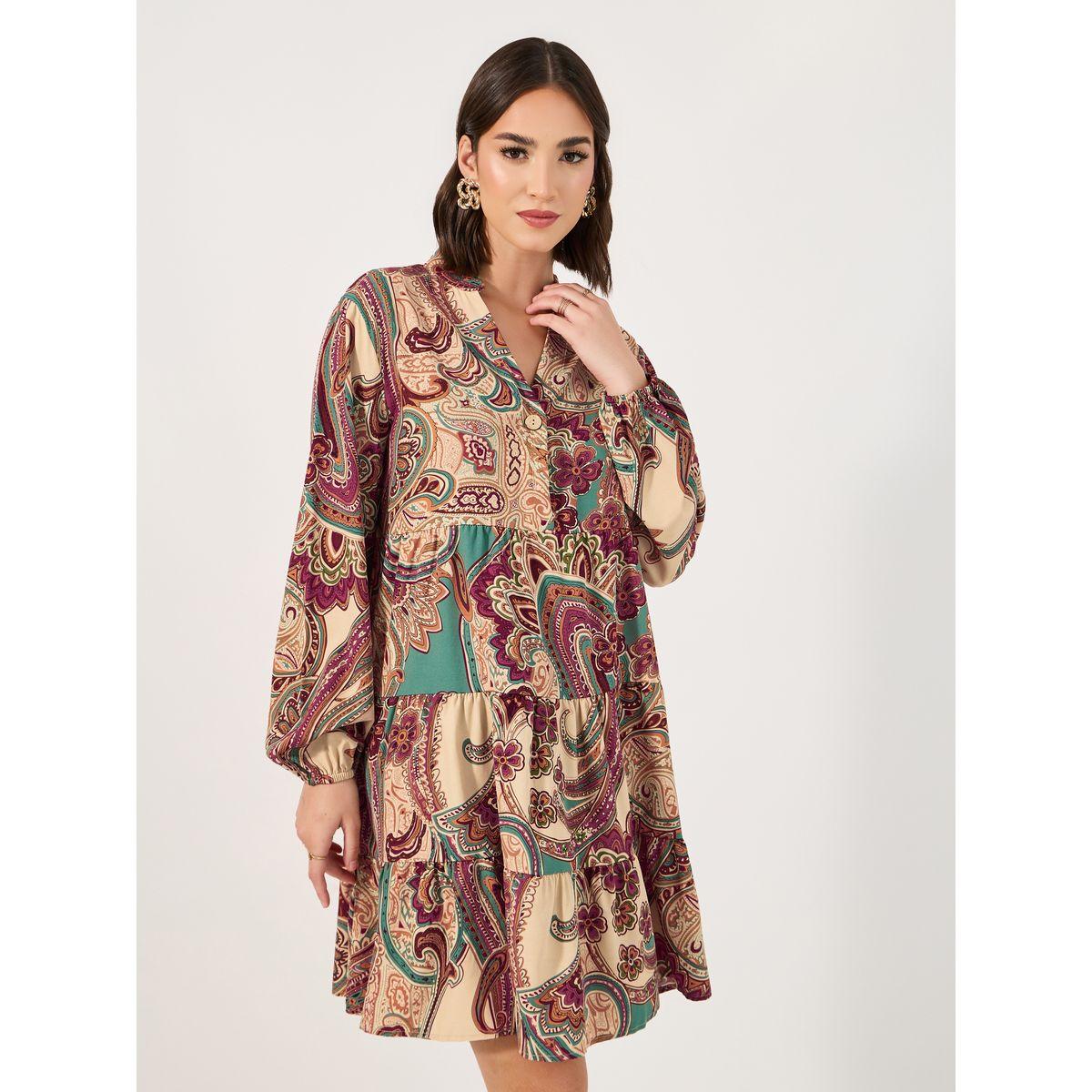 فستان قصير بطبعة بوهيمية وأكمام طويلة-women-clothing-dresses-image-4