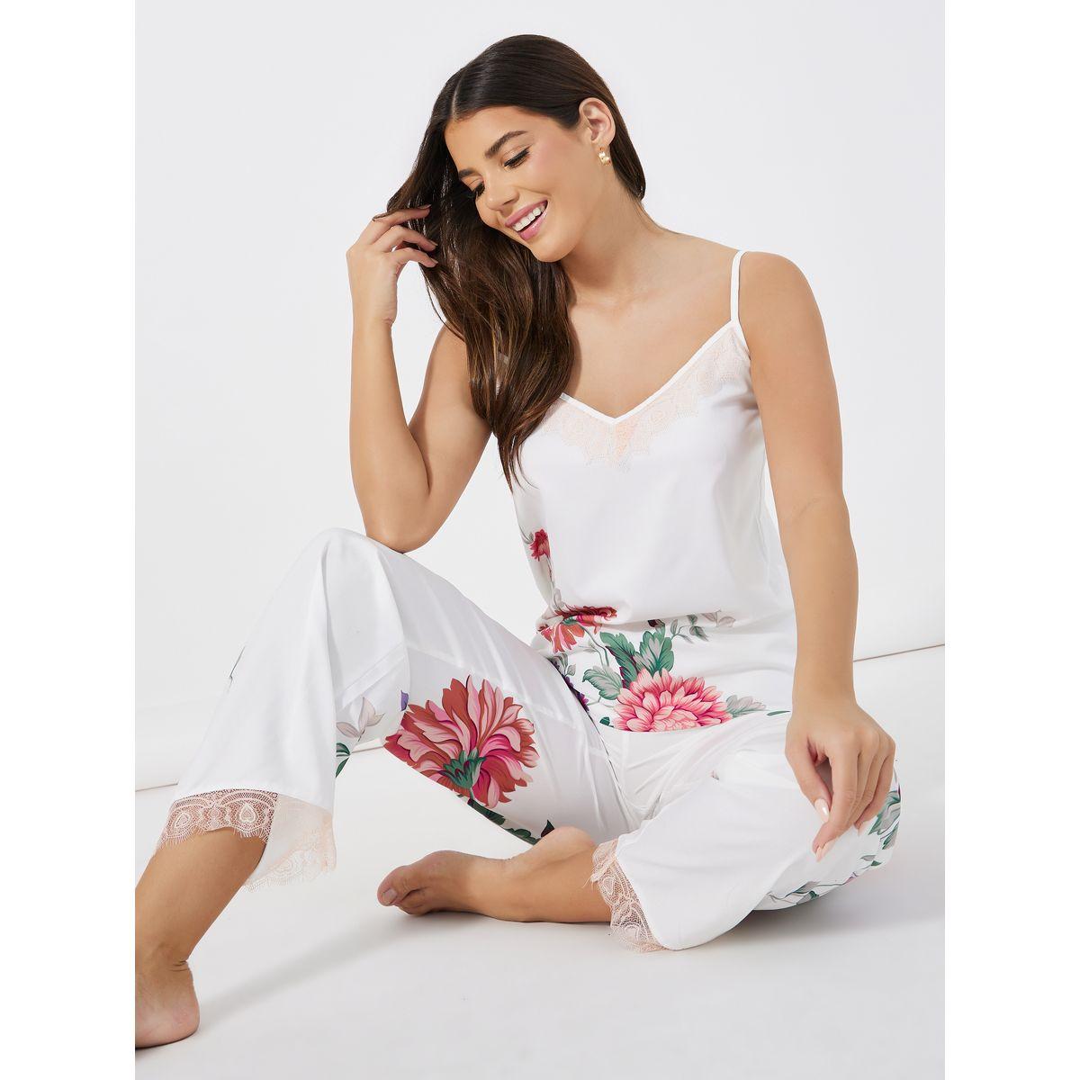 Styli Unwind Floral Print Lace Inset Strappy Cami Top & Pants Pyjama Set-women-clothing-nightwear-pyjamas-longsets-image-1