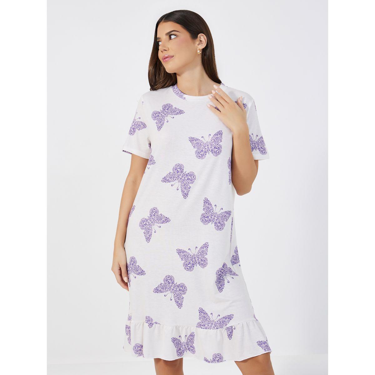 Styli Unwind Pack Of 2 -Butterfly Print Ruffle Hem Sleep T-Shirt Dress-women-clothing-nightwear-nighties-image-2
