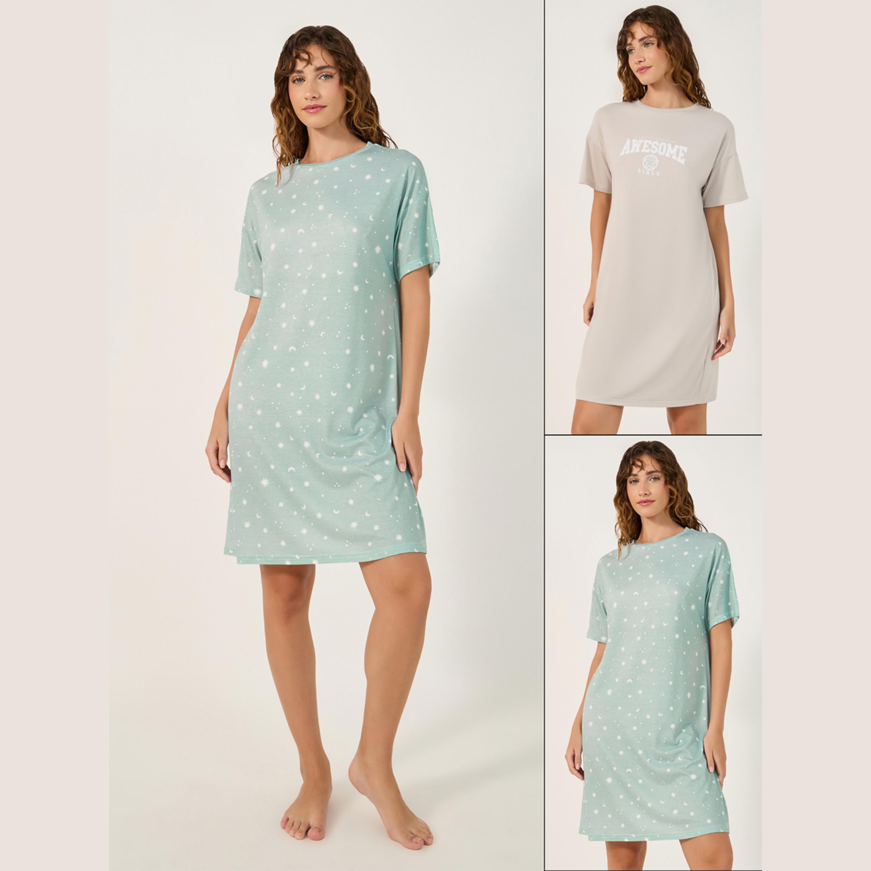 ستايلي - أنوايند طقم من قطعتين من قميص نوم منسدل الكتفين بطبعة شعار ونجمة - للركبة-women-clothing-nightwear-nighties-image-1