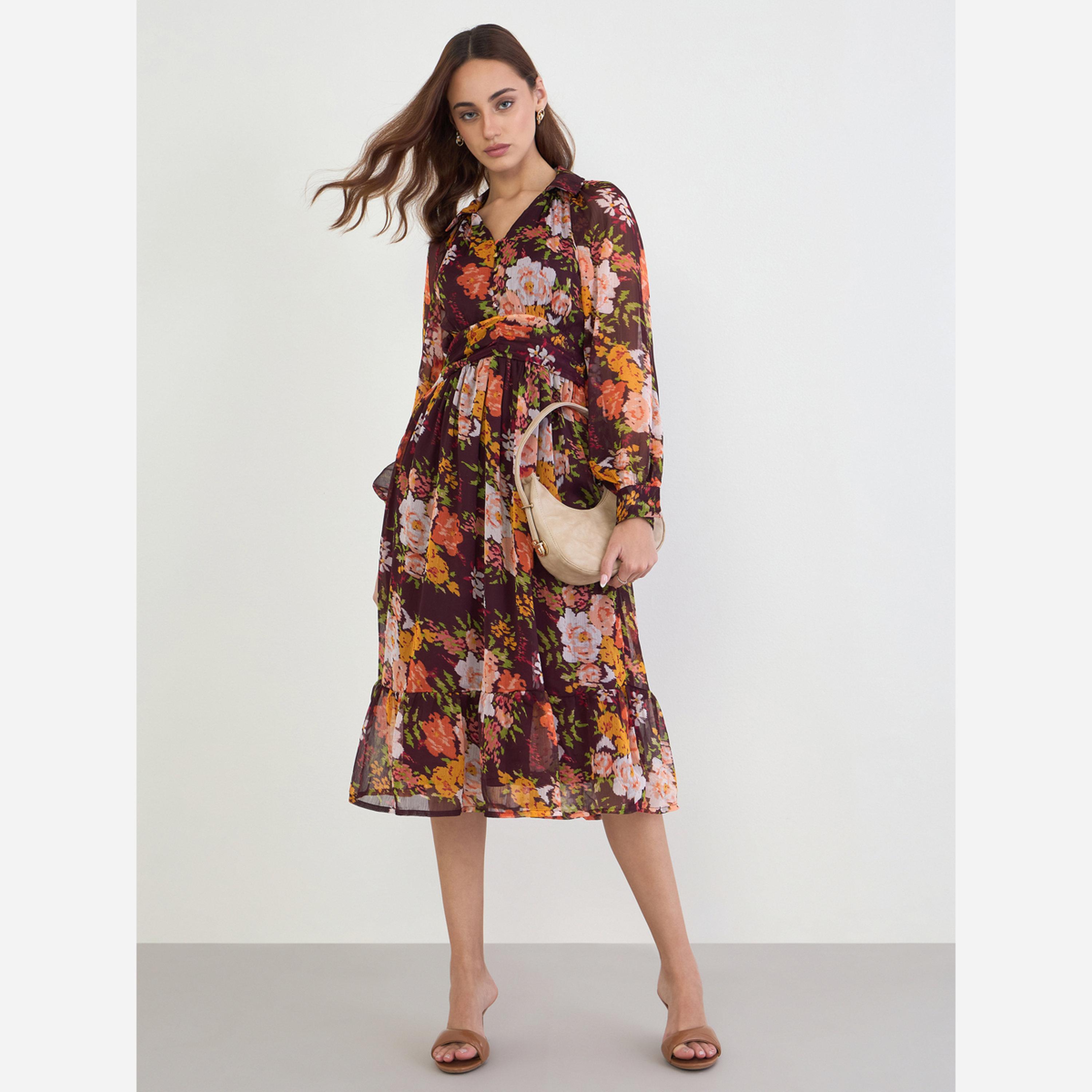 ستايلي - فستان متوسط الطول قصة واسعة وأكمام بالون طبعة زهور-women-clothing-dresses-image-1