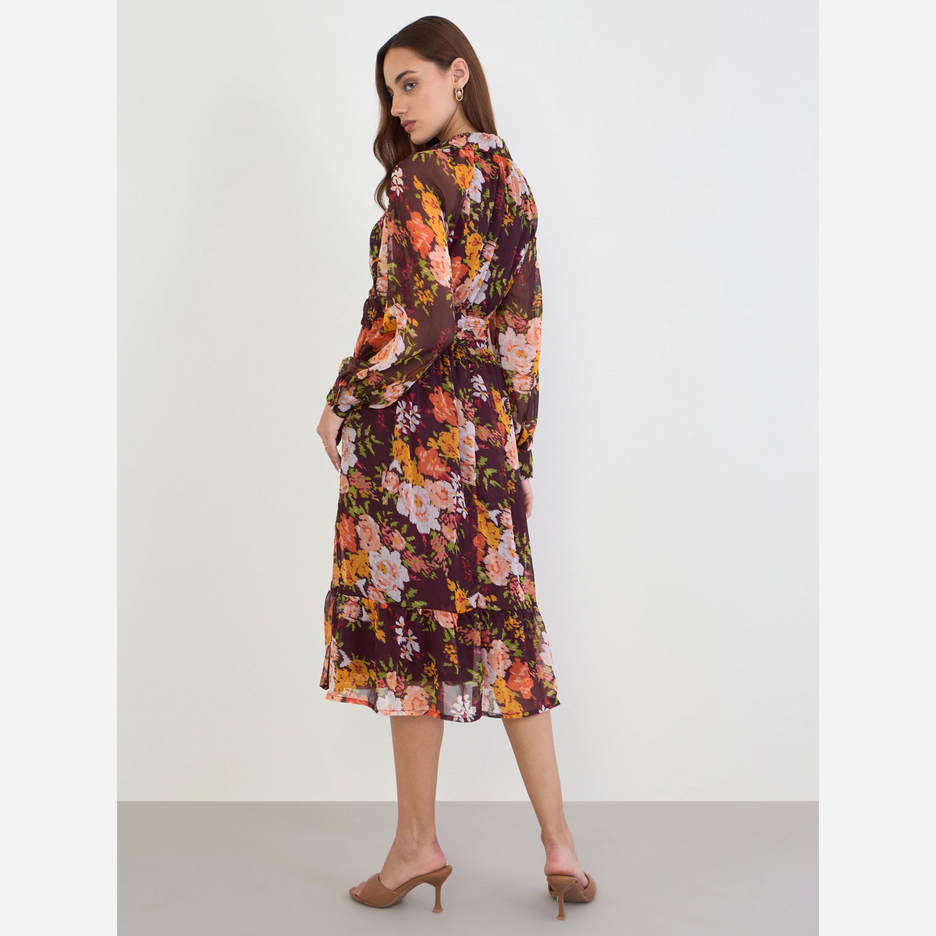 ستايلي - فستان متوسط الطول قصة واسعة وأكمام بالون طبعة زهور-women-clothing-dresses-image-3