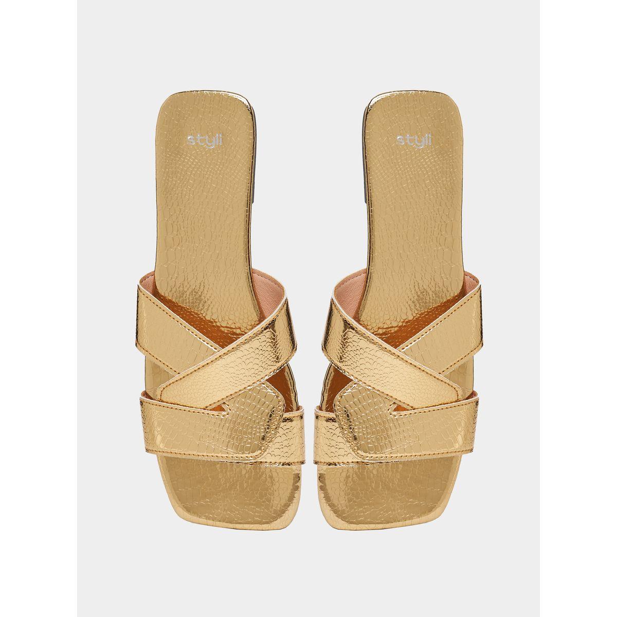 Styli Metallic Cross Strap Flat Sandals-women-shoes-sandals-flats-image-6