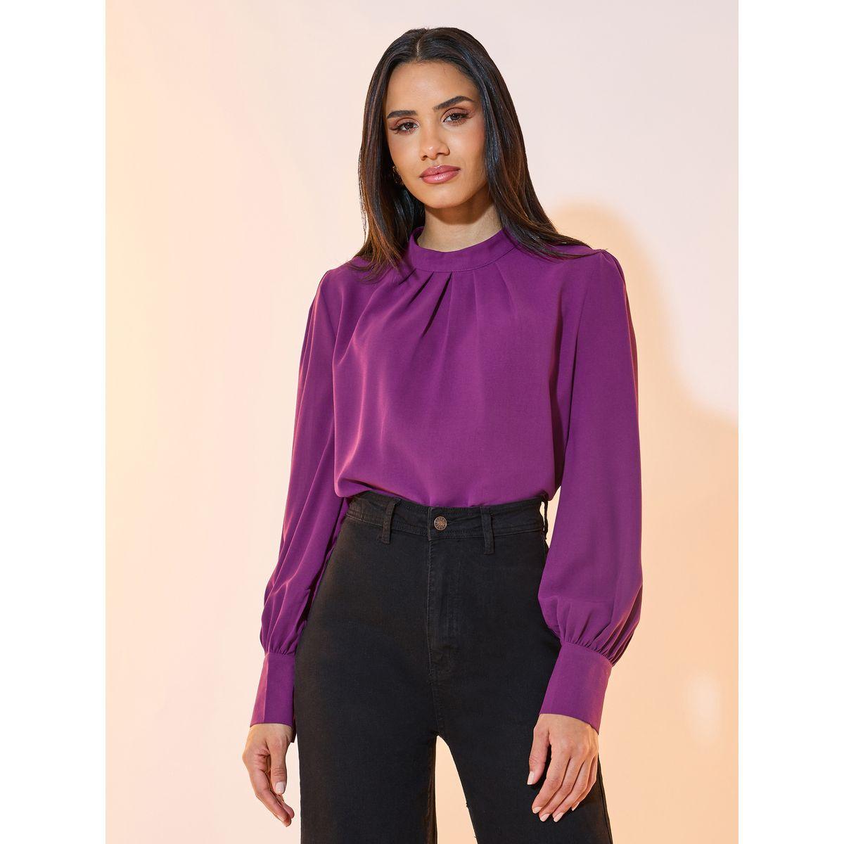 بلوزة سادة بكسرات مع أكمام طويلة-women-clothing-shirtsandblouses-blouses-image-1