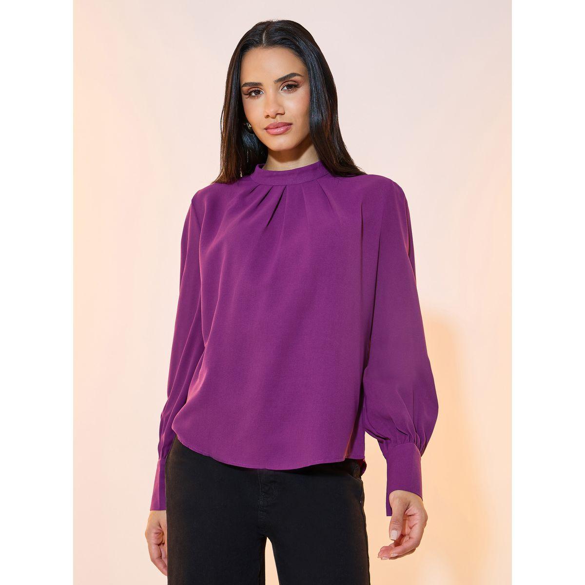 بلوزة سادة بكسرات مع أكمام طويلة-women-clothing-shirtsandblouses-blouses-image-2