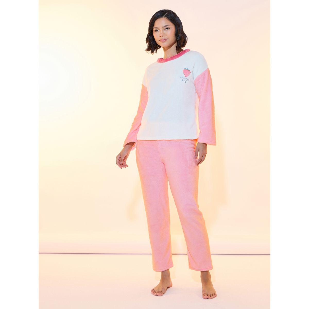 Styli Contrast Long Sleeve Teddy Look T-Shirt & Pajama Set-women-clothing-nightwear-pyjamas-longsets-image-1