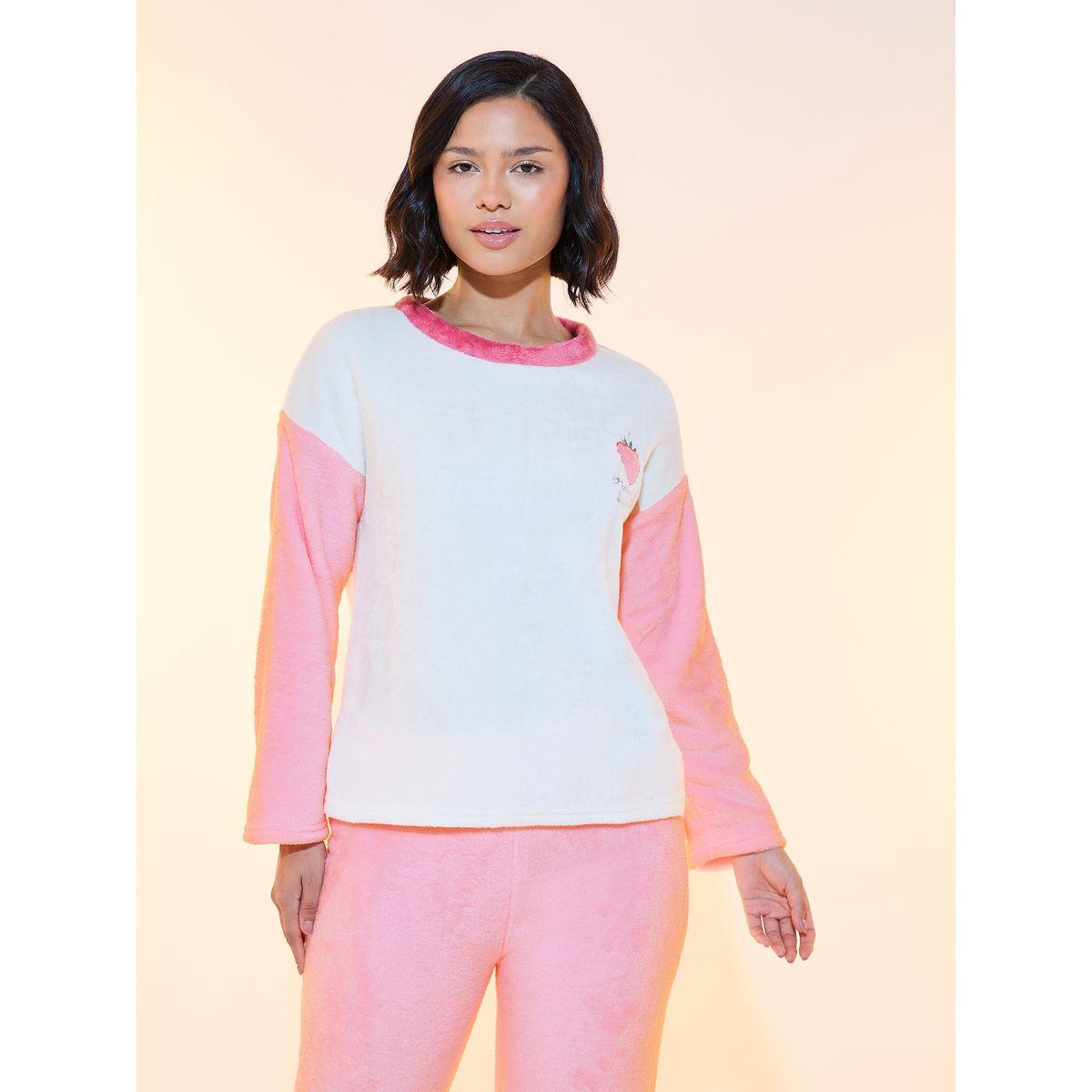 Styli Contrast Long Sleeve Teddy Look T-Shirt & Pajama Set-women-clothing-nightwear-pyjamas-longsets-image-2