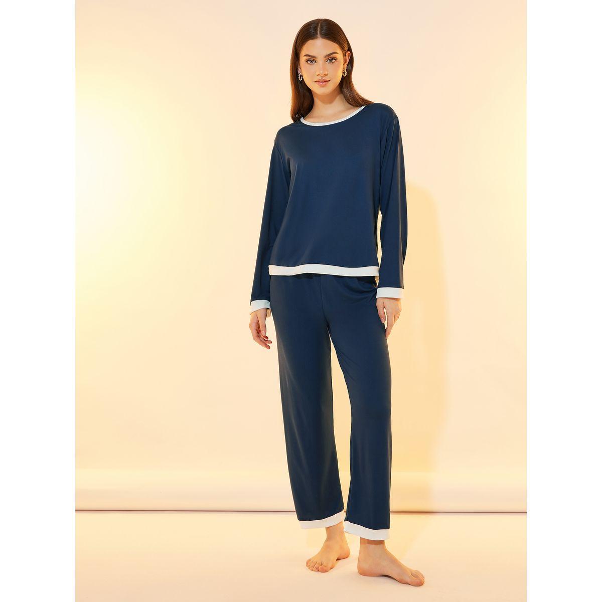Styli Solid Long Sleeve Knitted T-Shirt & Pyjama Set-women-clothing-nightwear-pyjamas-longsets-image-1