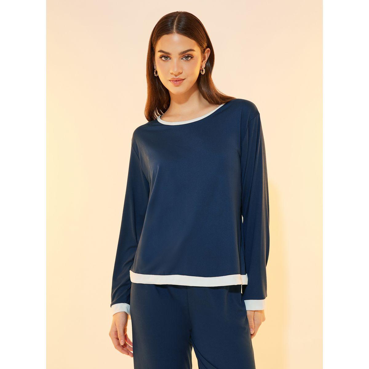 Styli Solid Long Sleeve Knitted T-Shirt & Pyjama Set-women-clothing-nightwear-pyjamas-longsets-image-2