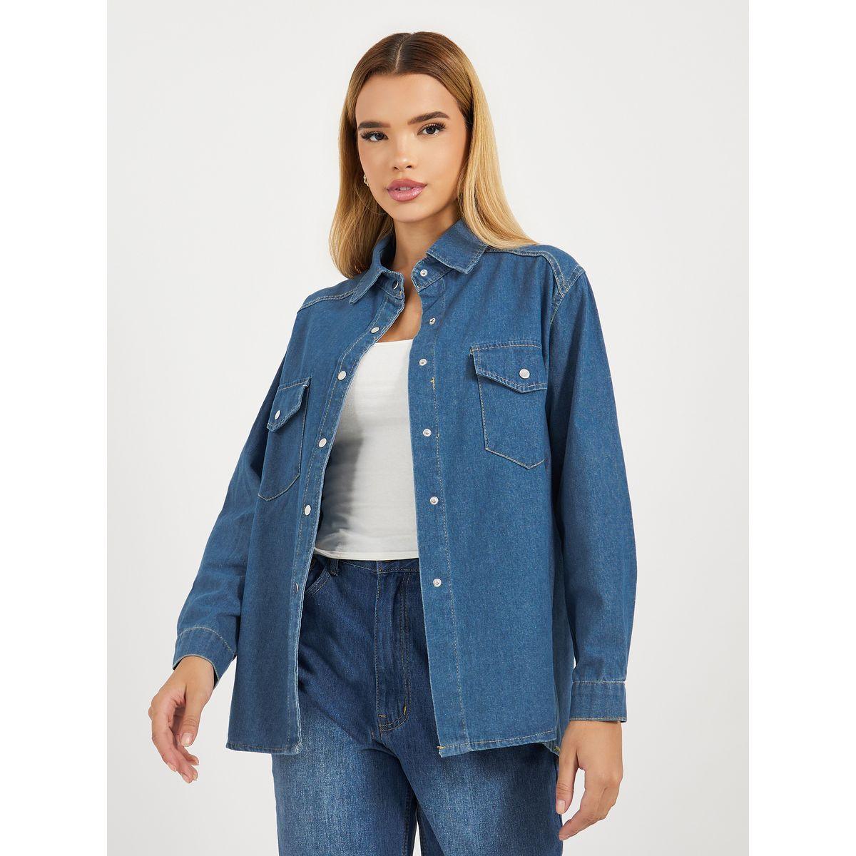 Styli Oversized Denim Shirt with Flap Pocket-women-clothing-shirtsandblouses-shirts-image-1