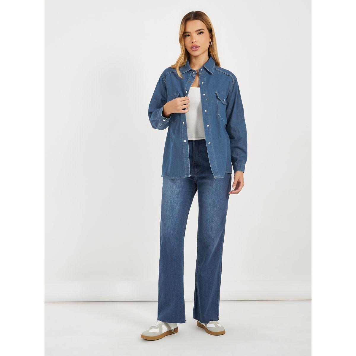 Styli Oversized Denim Shirt with Flap Pocket-women-clothing-shirtsandblouses-shirts-image-2