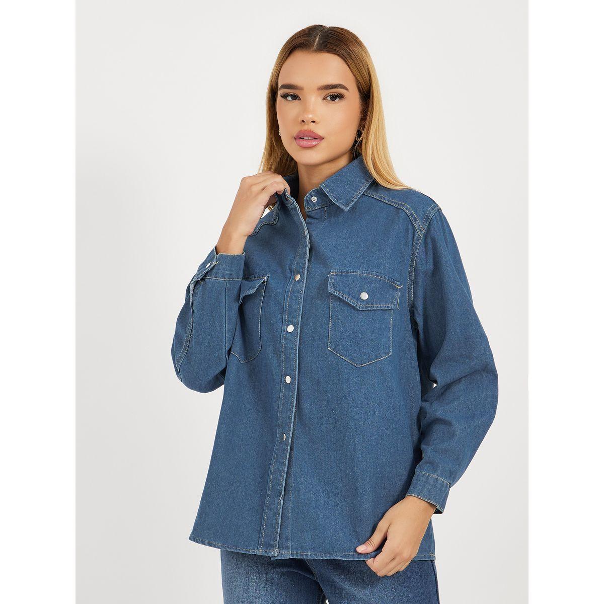 Styli Oversized Denim Shirt with Flap Pocket-women-clothing-shirtsandblouses-shirts-image-3