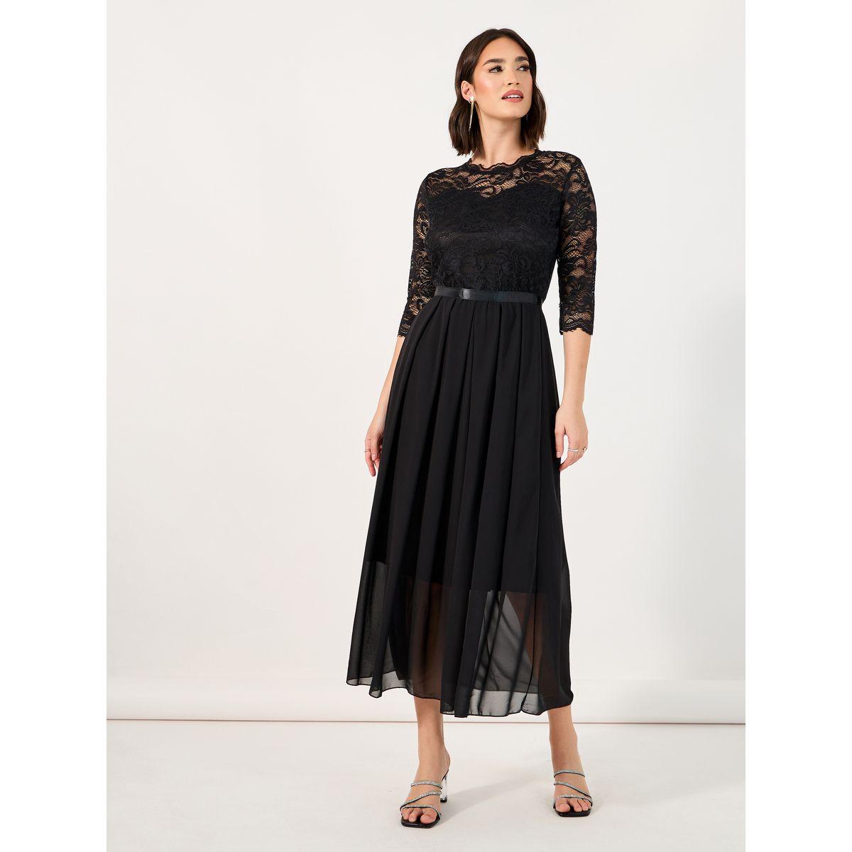 Styli Lace Insert 3/4th Sleeves A-Line Midi Dress-women-clothing-dresses-image-1