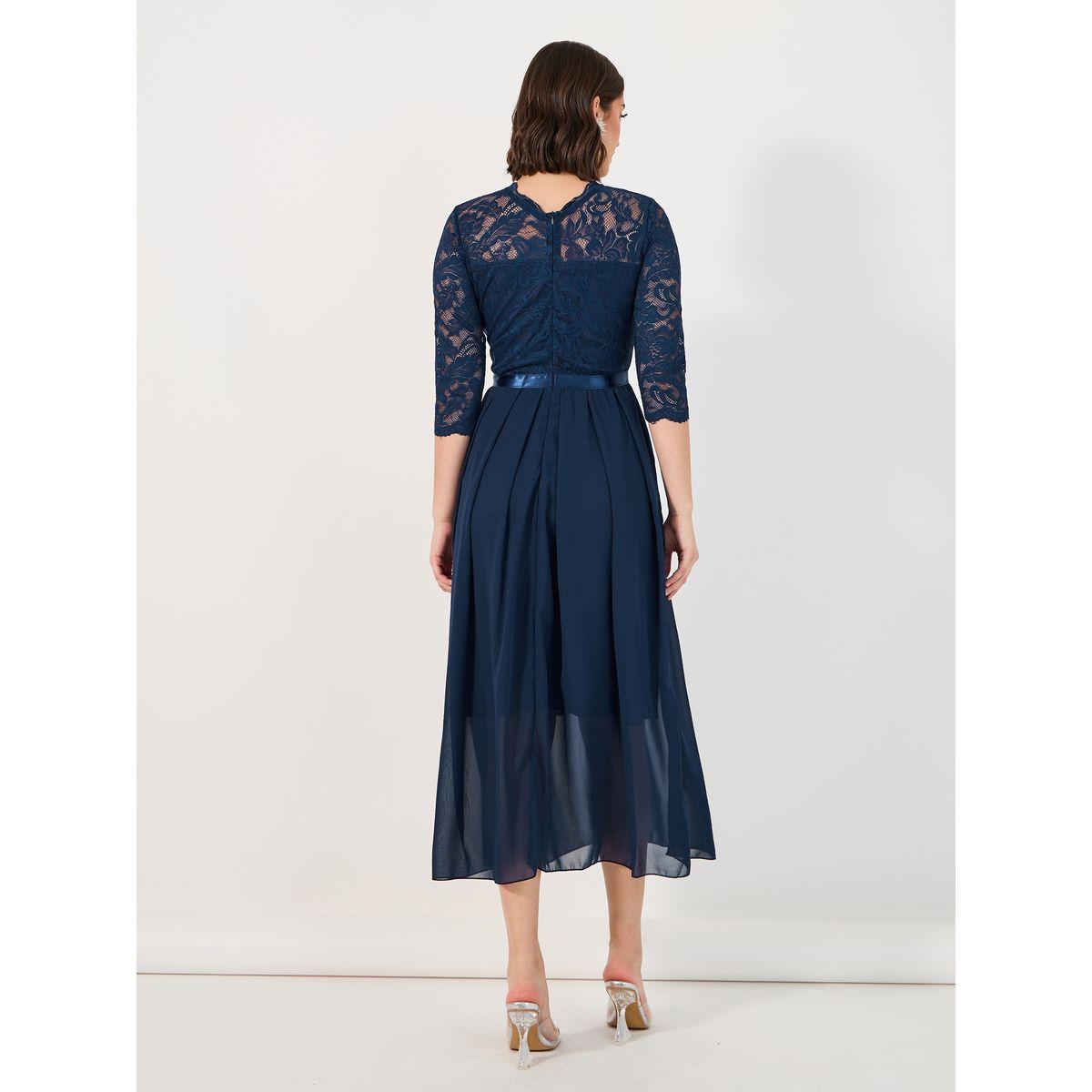 Styli Lace Insert 3/4th Sleeves A-Line Midi Dress-women-clothing-dresses-image-6
