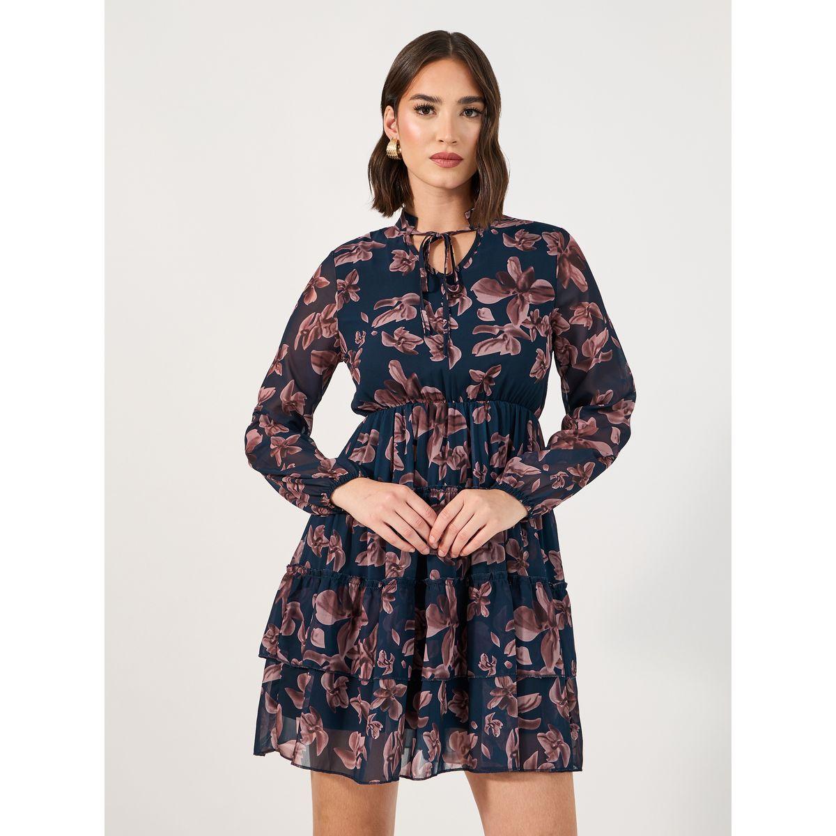 Styli Tie-Up Neck Floral Print Tiered Mini Dress-women-clothing-dresses-image-2