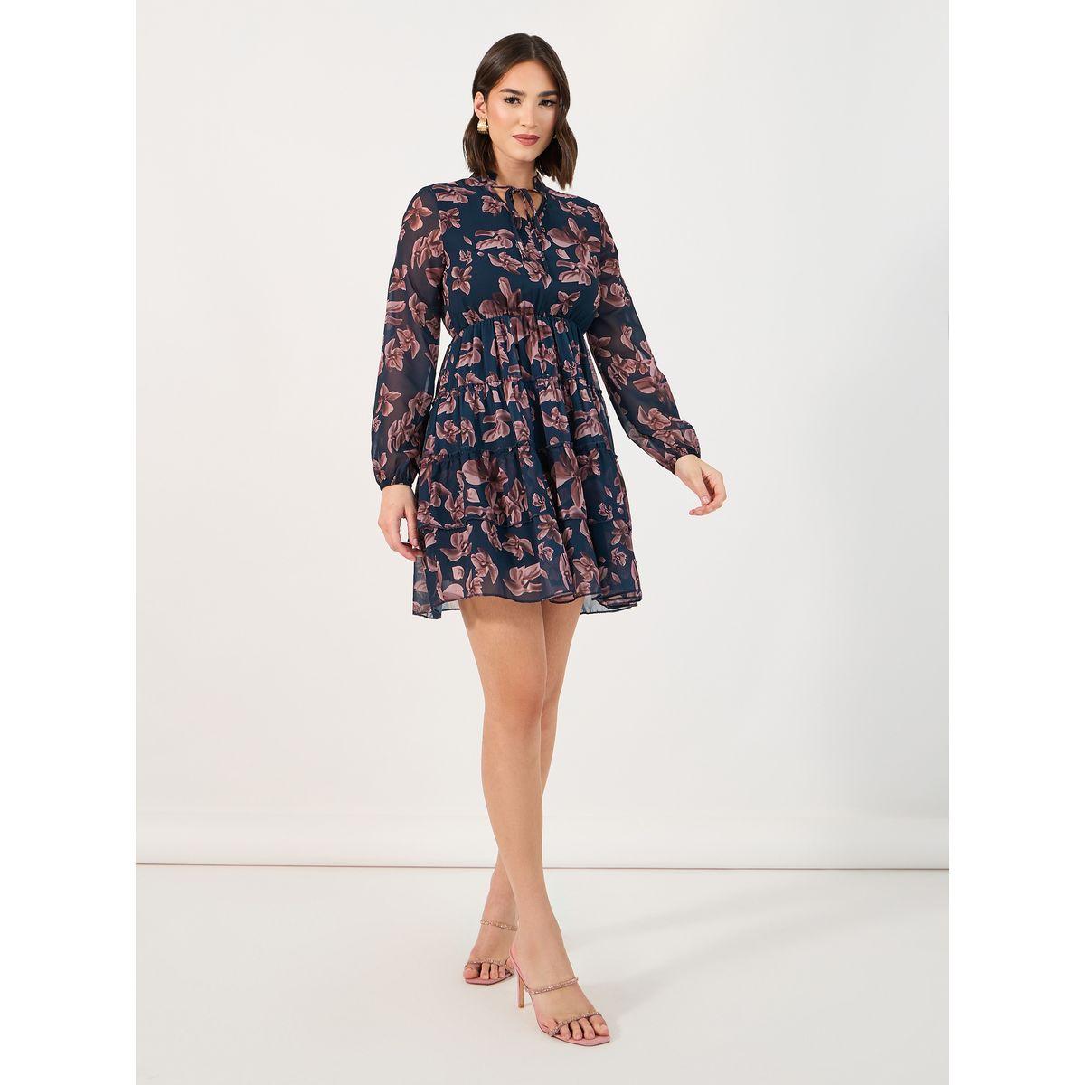 Styli Tie-Up Neck Floral Print Tiered Mini Dress-women-clothing-dresses-image-4