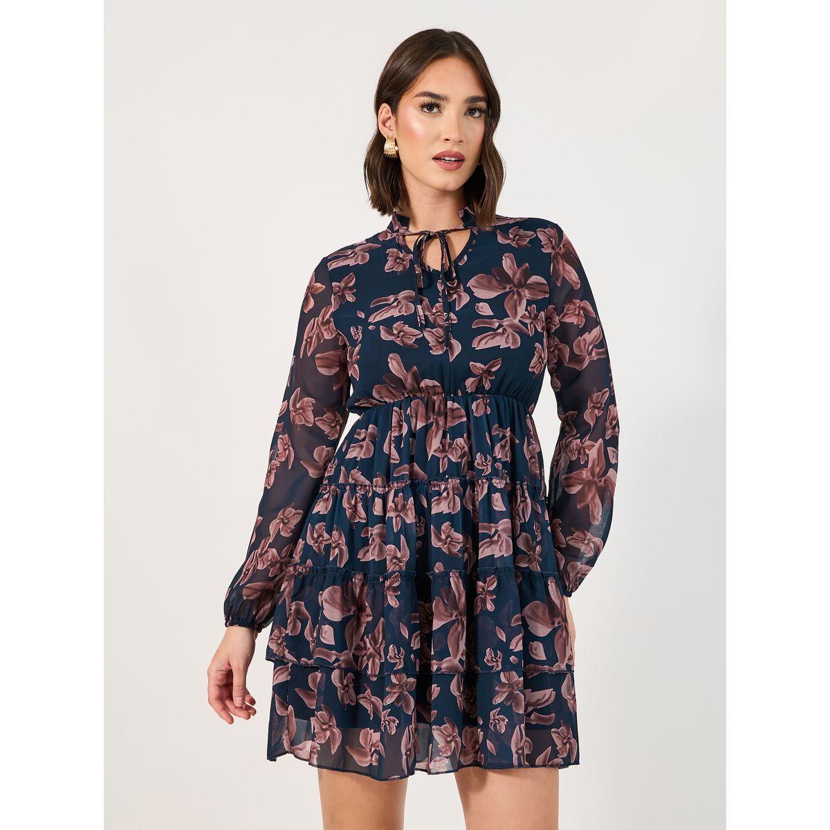 Styli Tie-Up Neck Floral Print Tiered Mini Dress-women-clothing-dresses-image-5