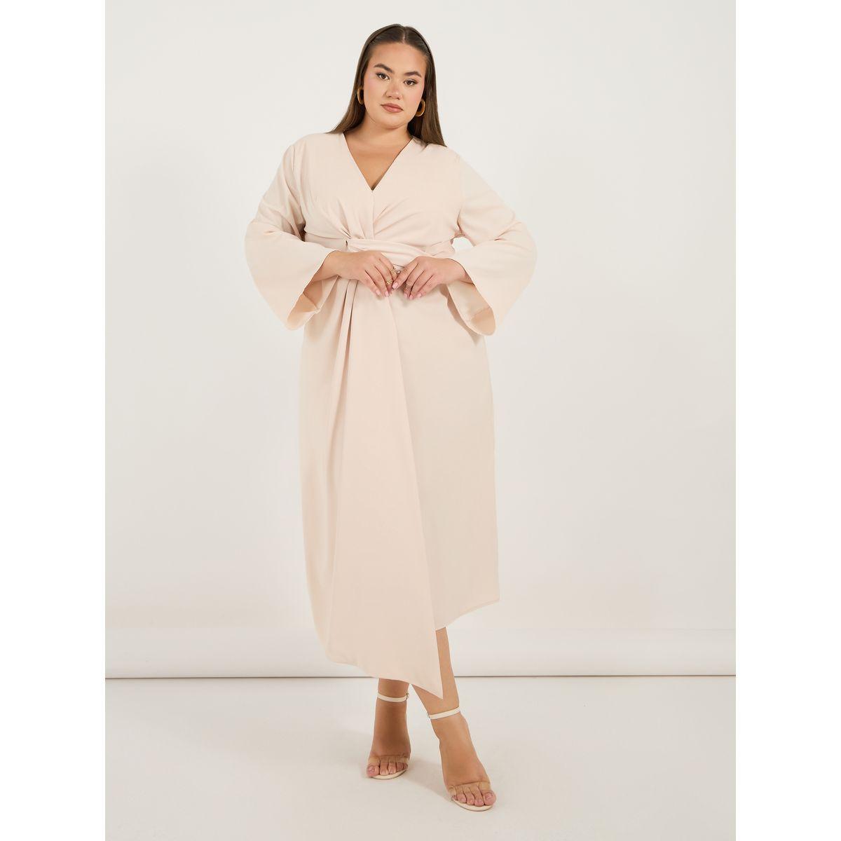 Styli Plus Size Solid Long Sleeves Wrap Front Midi Dress-women-clothing-dresses-image-1